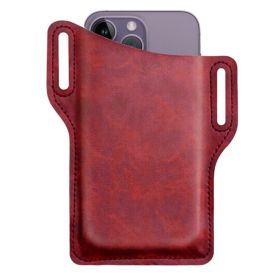 Men Cell Phone Belt Pack Bag Loop Waist Holster Pouch Case Leather Wallet Cover (Color: Wine Red)