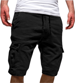 Men Casual Chino Cargo Shorts Elastic Waist Drawstring 6 Pockets Summer Trousers (Waist Size (inch): 40" - 42", Color: Black)