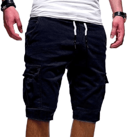 Men Casual Chino Cargo Shorts Elastic Waist Drawstring 6 Pockets Summer Trousers (Waist Size (inch): 28" - 30", Color: Navy Blue)