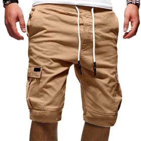 Men Casual Chino Cargo Shorts Elastic Waist Drawstring 6 Pockets Summer Trousers (Waist Size (inch): 36" - 38", Color: Khaki)