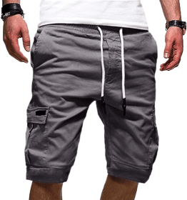 Men Casual Chino Cargo Shorts Elastic Waist Drawstring 6 Pockets Summer Trousers (Waist Size (inch): 30" - 32", Color: Gray)
